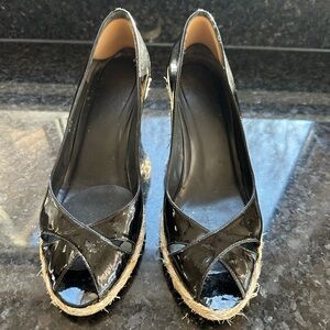Black Patent Leather Peep Toe Wedges